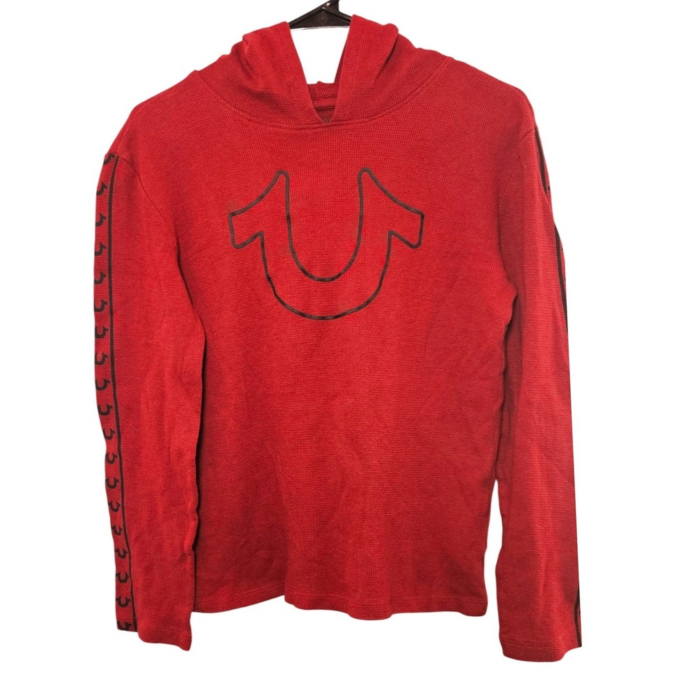 True Religion Red Waffle Knit Thermal Hoodie Horseshoe Logo XL 18-20 Y2K Casual